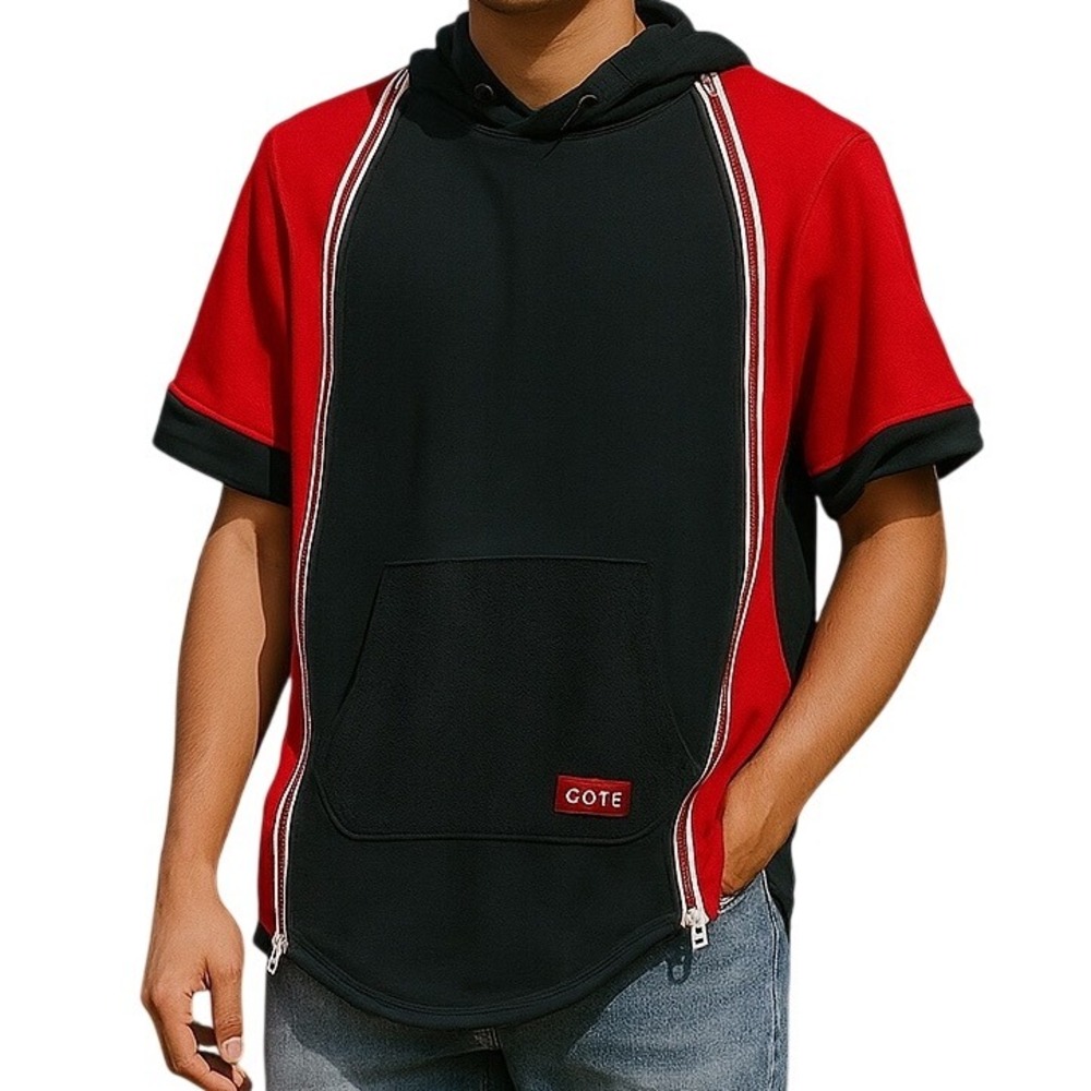 Côte de Nuits Men's Short Sleeve Hoodie Red‎ Navy Zip Side Kangaroo Pocket Sz XL